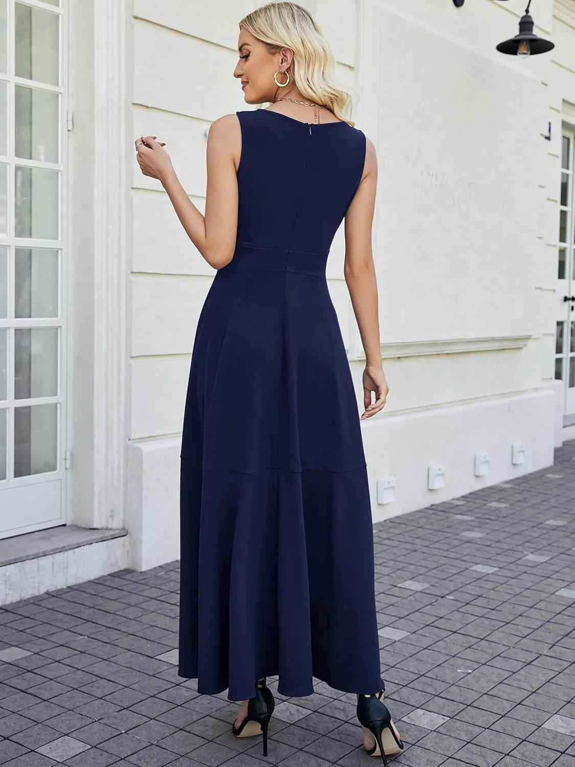 Women Formal Dresses,V Neck Evening Gowns for Women 2024 Long Wedding Guest Party Sleeveless Prom Pockets Dress