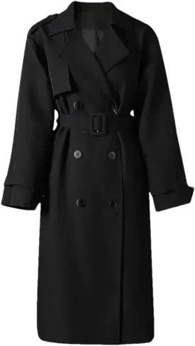Women Lapel Solid Trench Coat Double Breastedf Long Sleeves Office Trenchcoats Daily Street Coat
