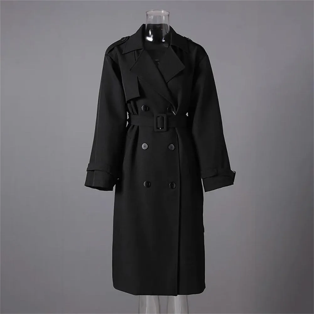 Women Lapel Solid Trench Coat Double Breastedf Long Sleeves Office Trenchcoats Daily Street Coat