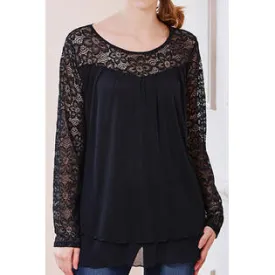 Women Round Lace Trim Floral Neck Casual Blouse Black - ZWWSB848ZB