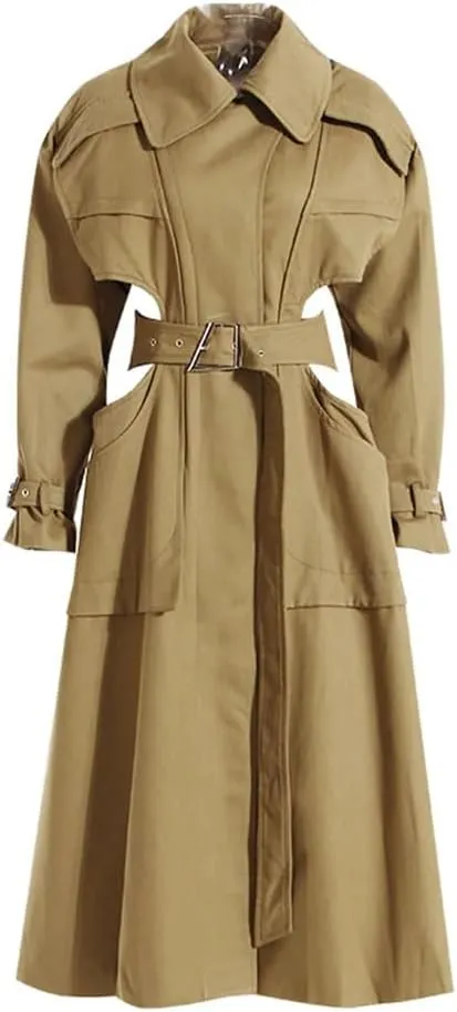 Women Single-Breasted Double-Sided Trench Coat Loose Hollow Back Street Long Jacket Commute Long Coat