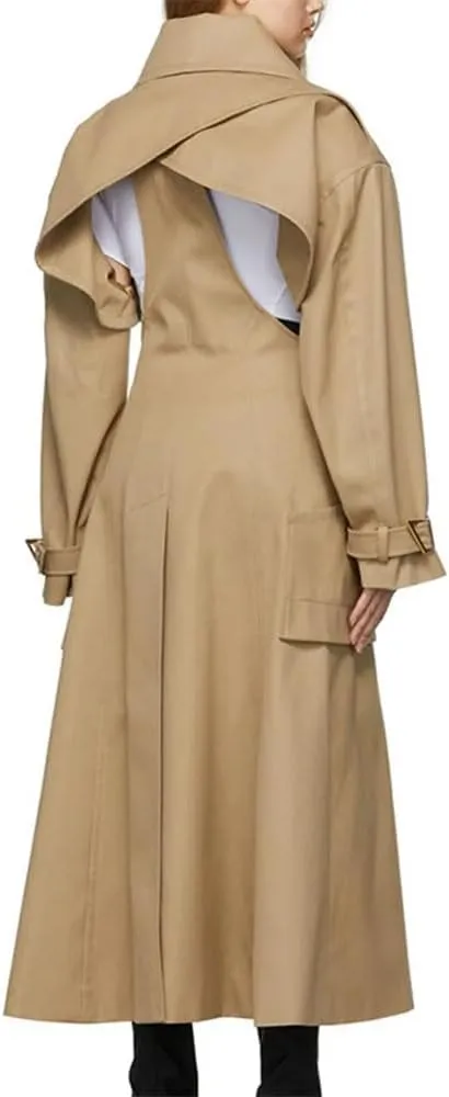 Women Single-Breasted Double-Sided Trench Coat Loose Hollow Back Street Long Jacket Commute Long Coat