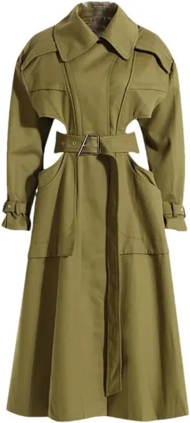Women Single-Breasted Double-Sided Trench Coat Loose Hollow Back Street Long Jacket Commute Long Coat