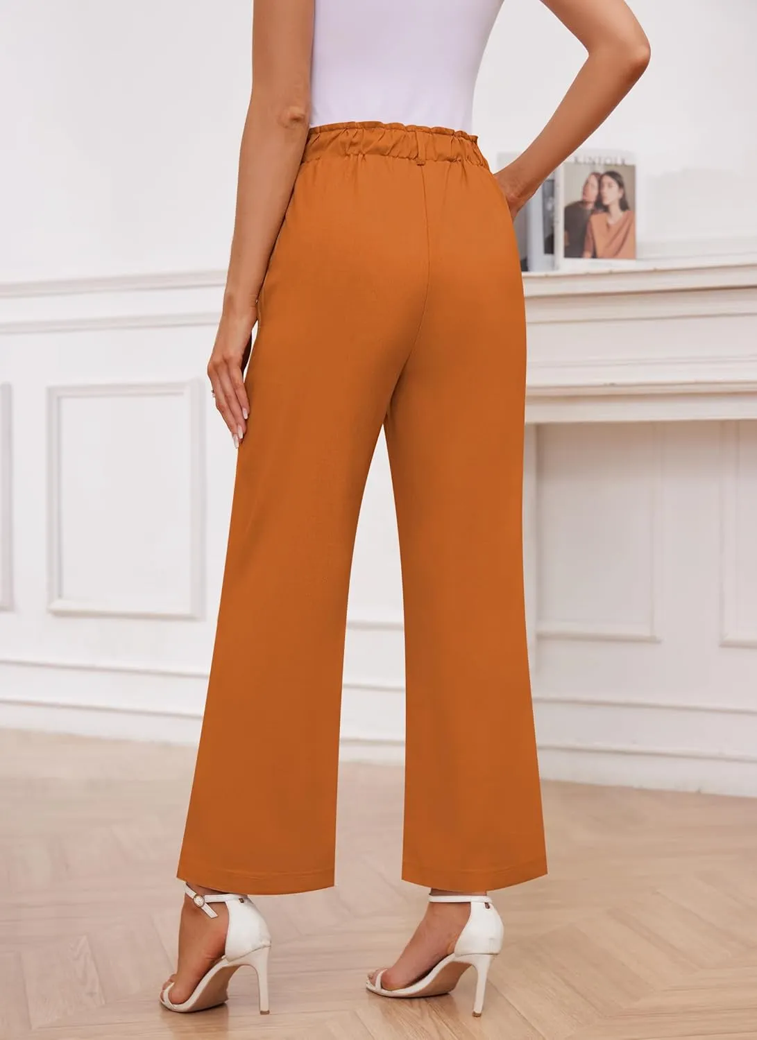 Women's Brown High Waisted Wide Leg Dress Pants - Casual Palazzo Trousers - Medium