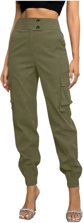 Women's Cargo Jogger Pants with Pockets Casual Button High Waist Slim Fit Workout Athletic Hiking Tapered Trousers