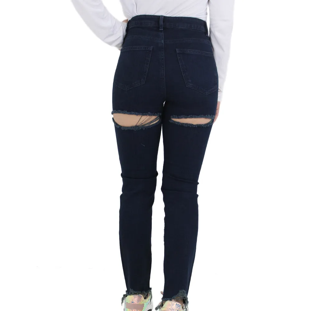 Women's Ripped Back Straight Jeans,Navy