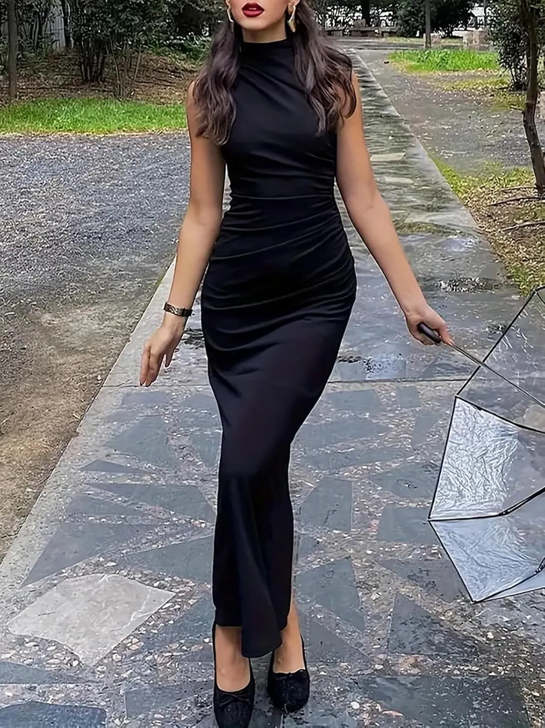Women's Ruched Bodycon Dress Summer Elegant Sleeveless Side Slit Cocktail Party Maxi Dresses