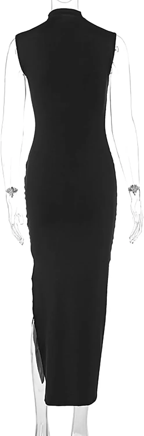 Women's Ruched Bodycon Dress Summer Elegant Sleeveless Side Slit Cocktail Party Maxi Dresses