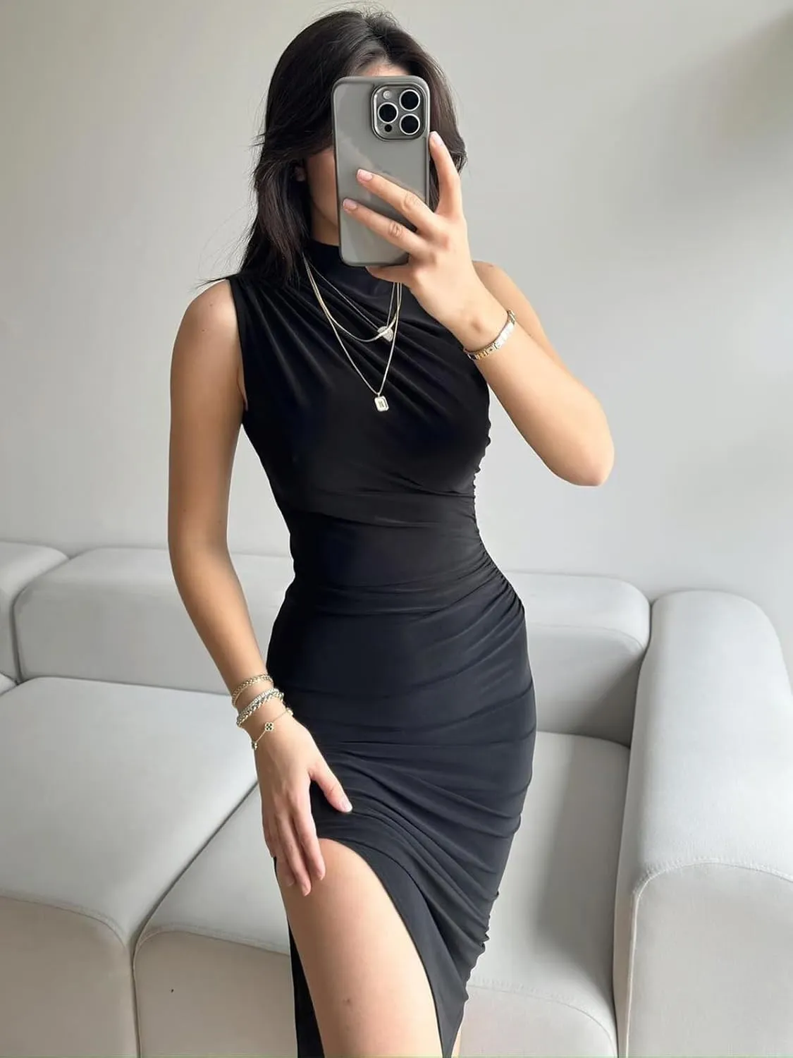 Women's Ruched Bodycon Dress Summer Elegant Sleeveless Side Slit Cocktail Party Maxi Dresses