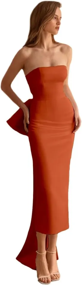 Women's Satin Mermaid Prom Dresses Off Shoulder Cocktail Dress with Slit Formal Evening Gowns with Detachable Bow