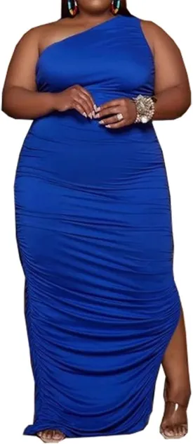 Womens Sexy Plus Size One Off Shoulder Sleeveless Bodycon Ruched Evening Pencil Party Maxi Dresss