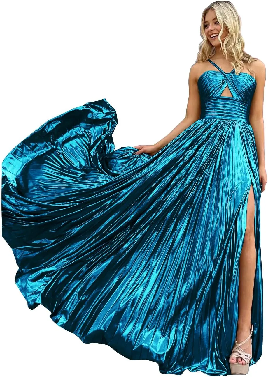 Women's Spaghetti Strap Metallic Sparkly Prom Dress Formal Pleated Long Evening Dress