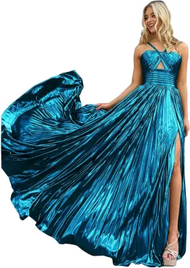 Women's Spaghetti Strap Metallic Sparkly Prom Dress Formal Pleated Long Evening Dress