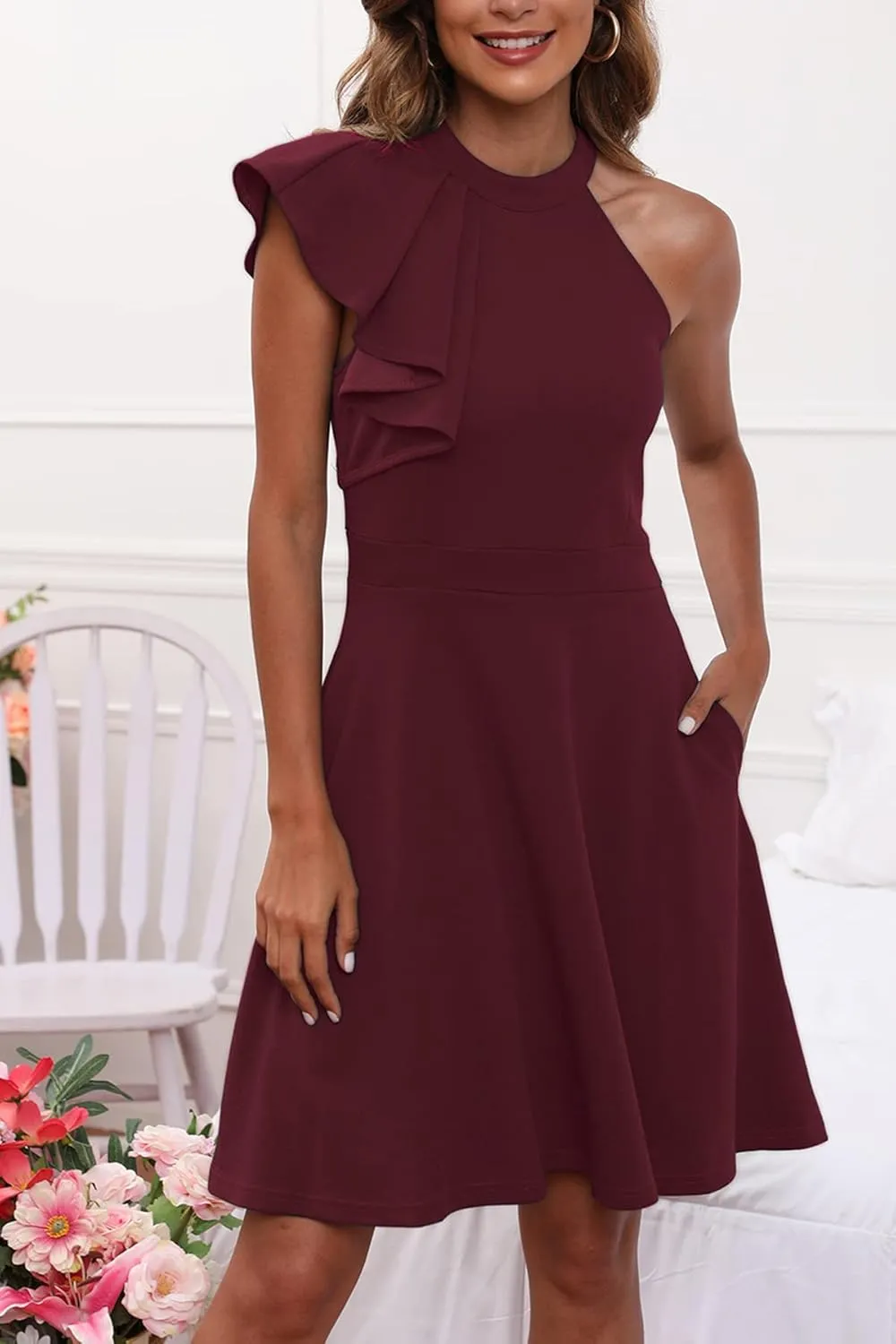 Women's Summer Casual Halter Neck Dress Sleeveless Ruffle A-line Cocktail Party Sundress with Pockets