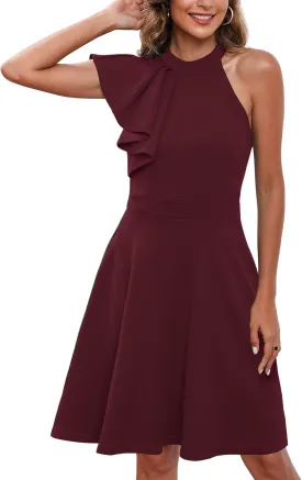 Women's Summer Casual Halter Neck Dress Sleeveless Ruffle A-line Cocktail Party Sundress with Pockets