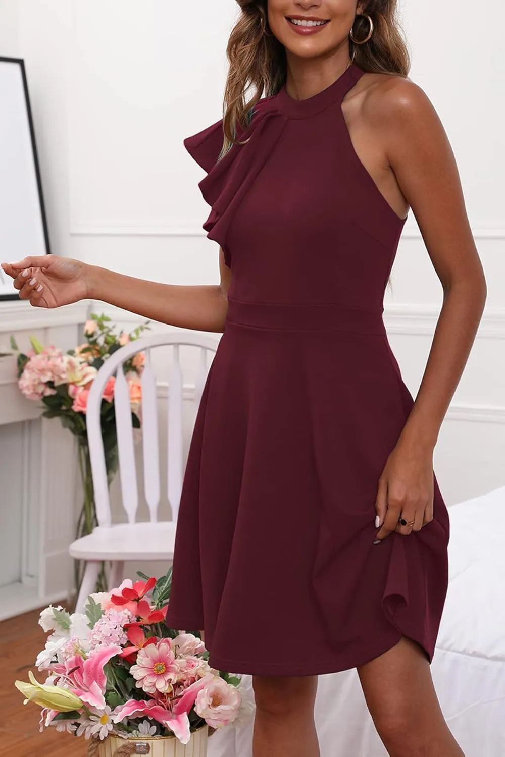 Women's Summer Casual Halter Neck Dress Sleeveless Ruffle A-line Cocktail Party Sundress with Pockets