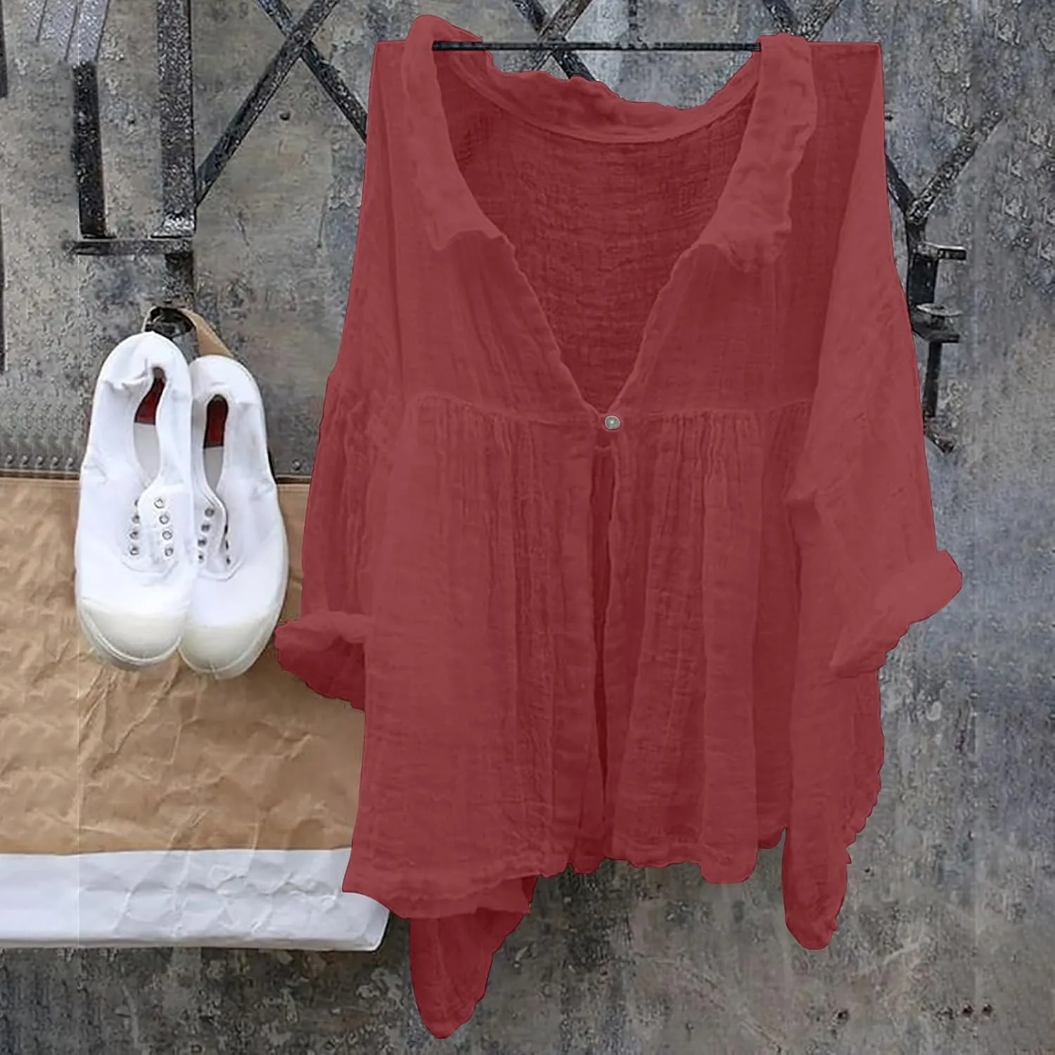Womens Summer Loose Blouse Lightweight Linen 3/4 Sleeve Flowy Ruffle Button Placket Shirts Airy Gauze Lapel Collar Tops