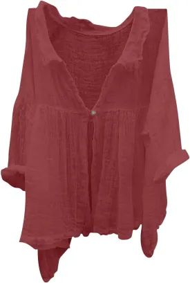 Womens Summer Loose Blouse Lightweight Linen 3/4 Sleeve Flowy Ruffle Button Placket Shirts Airy Gauze Lapel Collar Tops
