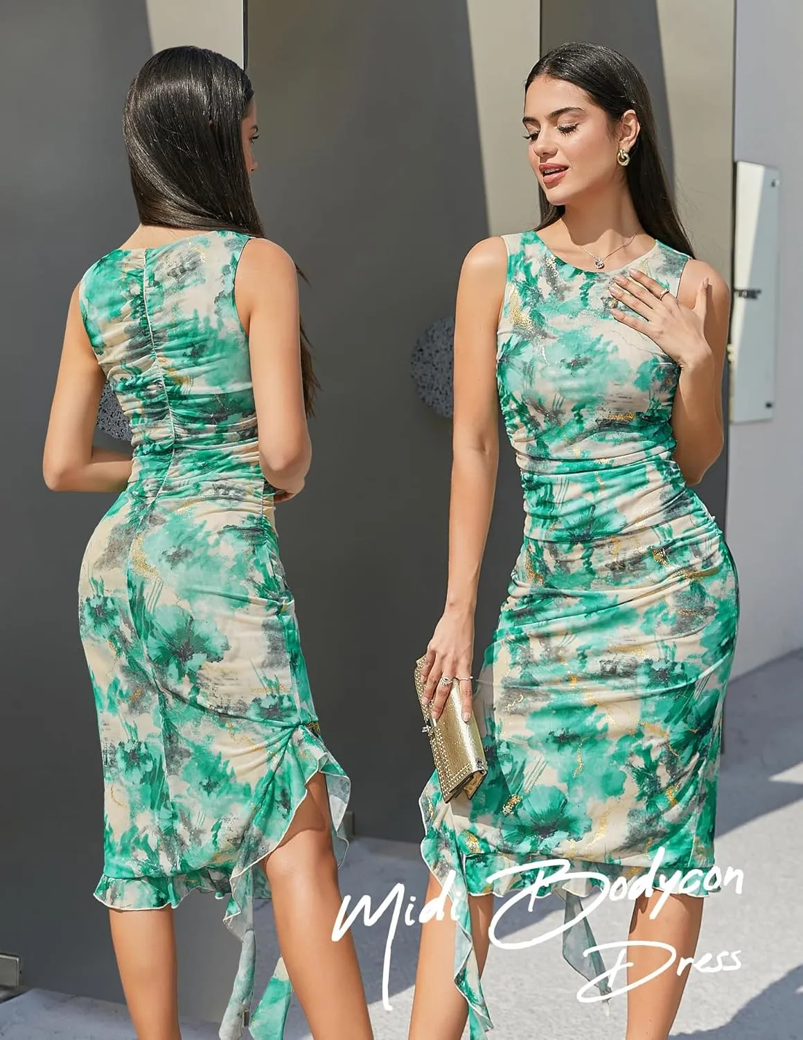 Women's Summer Ruched Bodycon Dress Sleeveless Ruffle Cocktail Wedding Party Dresses