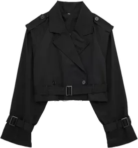 Women's Trench Coats Cropped Long Sleeve Classic Lapel Double Breasted Jacket Coat Outwear with Belt