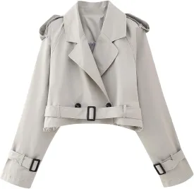 Women's Trench Coats Cropped Long Sleeve Classic Lapel Double Breasted Jacket Coat Outwear with Belt