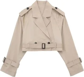 Women's Trench Coats Cropped Long Sleeve Classic Lapel Double Breasted Jacket Coat Outwear with Belt