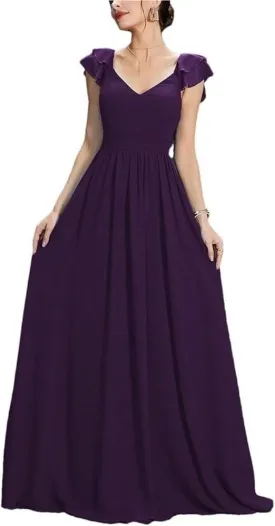 Women's V-Neck Cap Sleeve Evening Gown with Ruffle Lace Extra Long Ball Dress Party Formal Wear