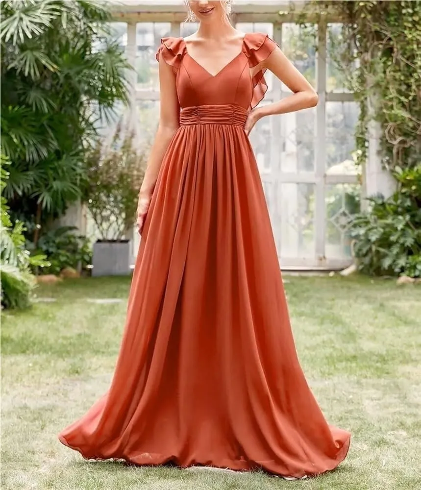 Women's V-Neck Cap Sleeve Evening Gown with Ruffle Lace Extra Long Ball Dress Party Formal Wear