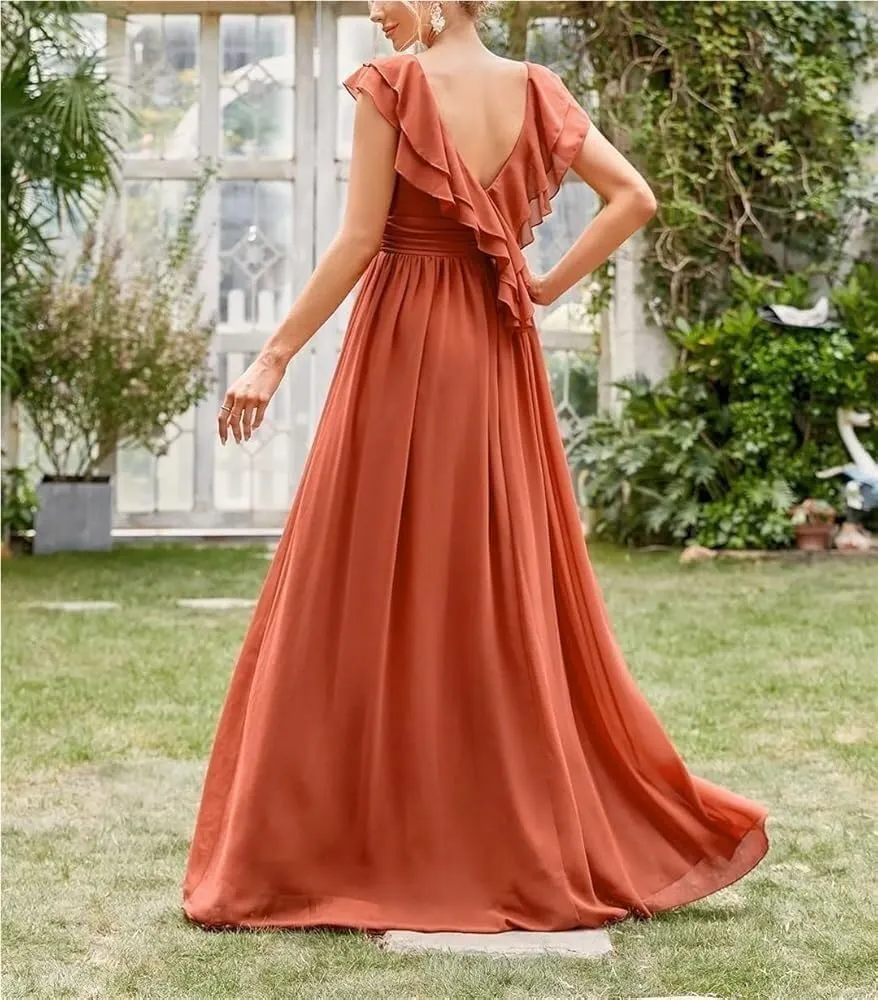 Women's V-Neck Cap Sleeve Evening Gown with Ruffle Lace Extra Long Ball Dress Party Formal Wear