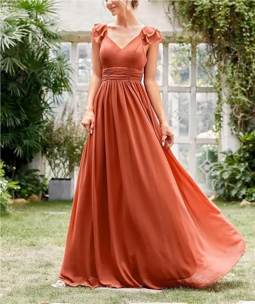 Women's V-Neck Cap Sleeve Evening Gown with Ruffle Lace Extra Long Ball Dress Party Formal Wear