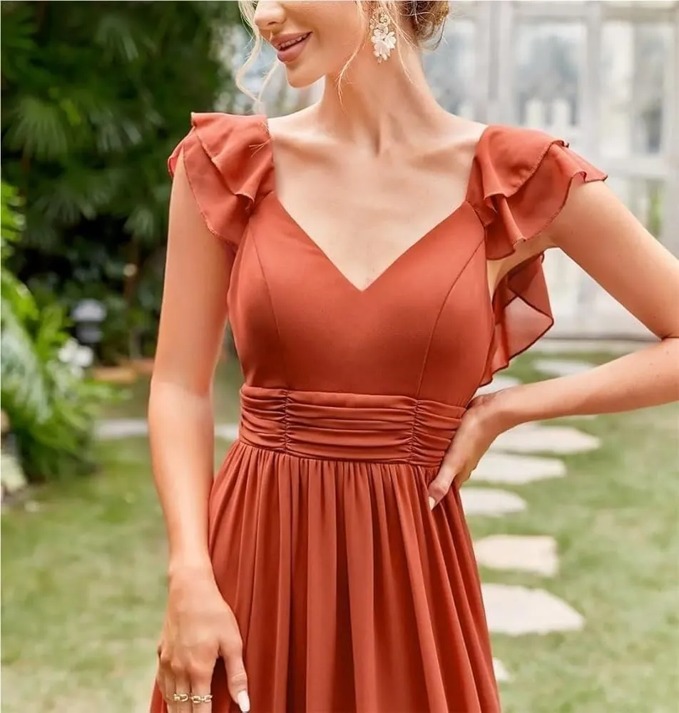 Women's V-Neck Cap Sleeve Evening Gown with Ruffle Lace Extra Long Ball Dress Party Formal Wear