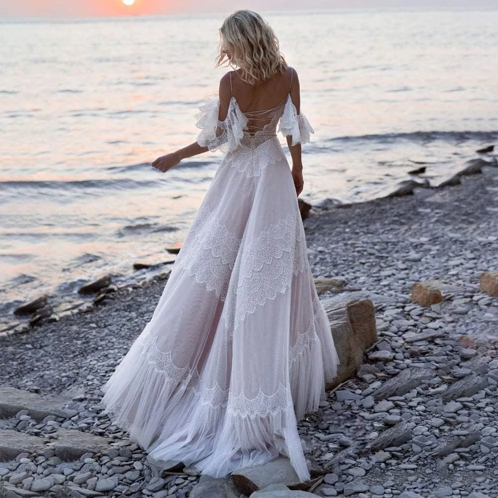 Women's Wedding Dresses Chic Lace Evening Dresses V Neck Ruffle Sleeves Beachy Boho Outdoorsy Wedding Gowns