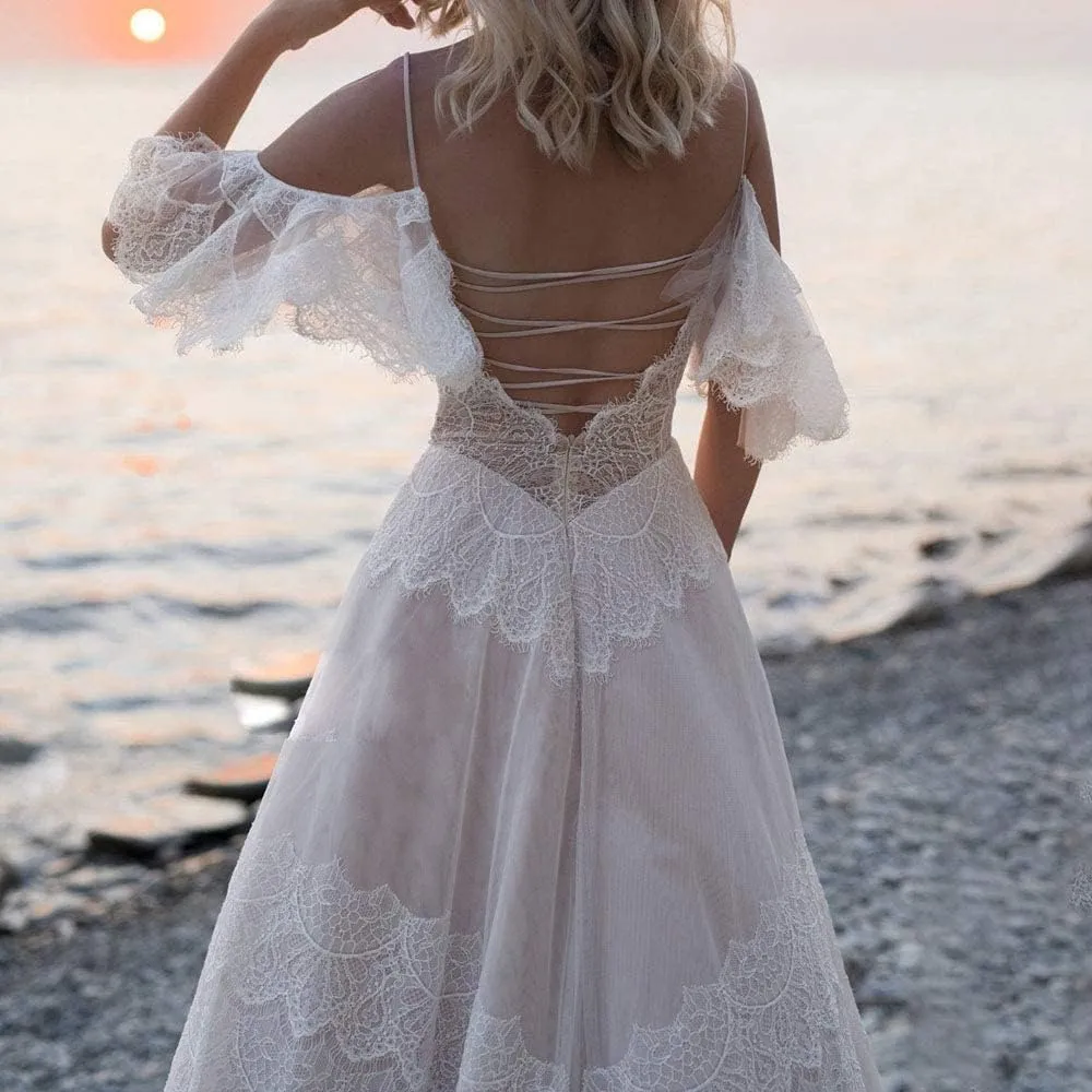 Women's Wedding Dresses Chic Lace Evening Dresses V Neck Ruffle Sleeves Beachy Boho Outdoorsy Wedding Gowns
