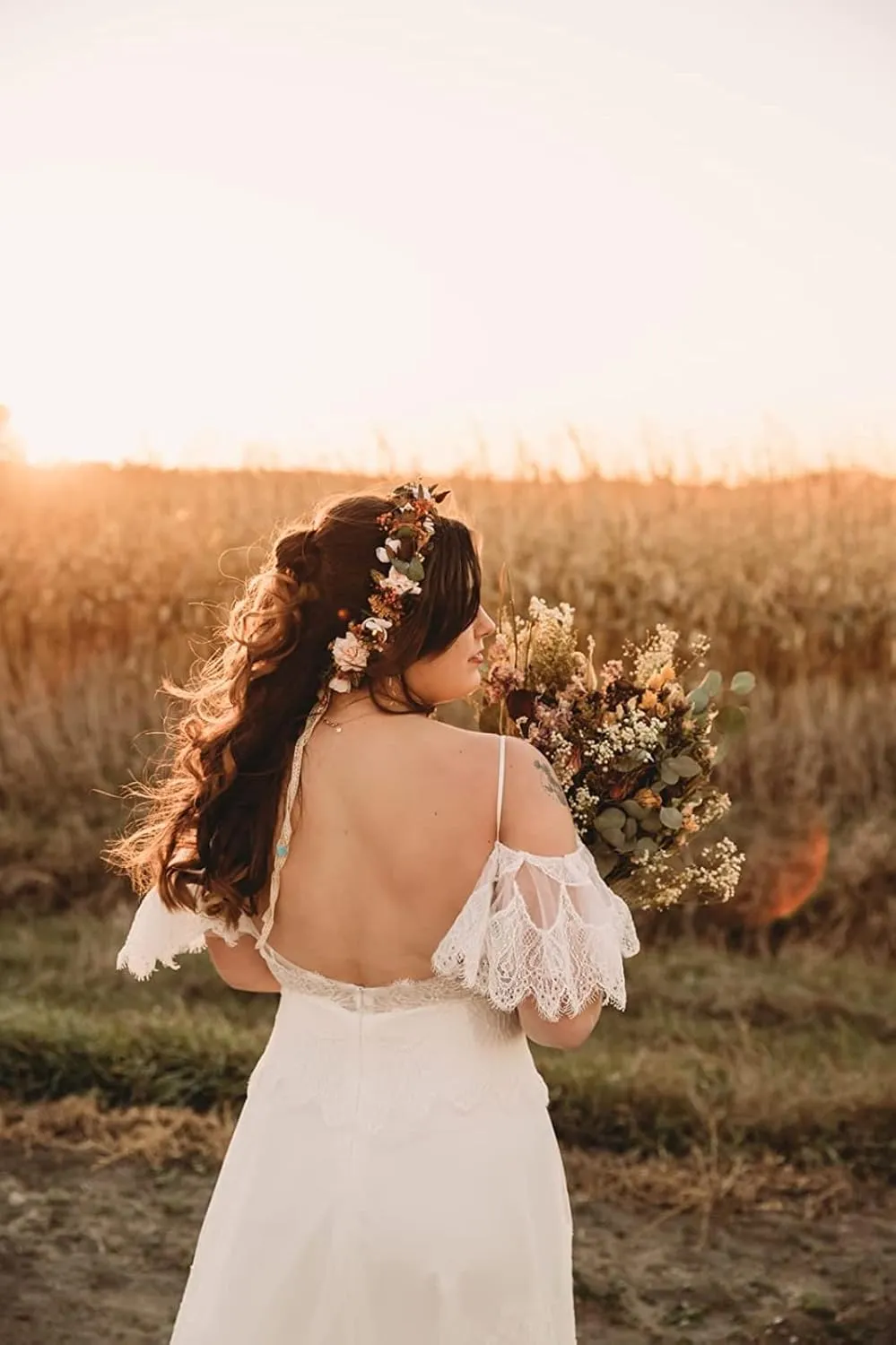 Women's Wedding Dresses Chic Lace Evening Dresses V Neck Ruffle Sleeves Beachy Boho Outdoorsy Wedding Gowns