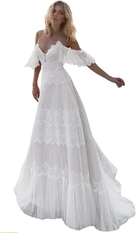 Women's Wedding Dresses Chic Lace Evening Dresses V Neck Ruffle Sleeves Beachy Boho Outdoorsy Wedding Gowns