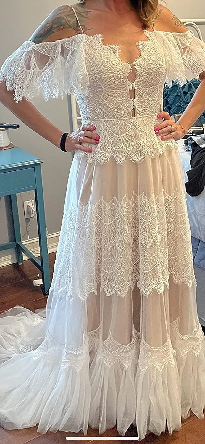 Women's Wedding Dresses Chic Lace Evening Dresses V Neck Ruffle Sleeves Beachy Boho Outdoorsy Wedding Gowns