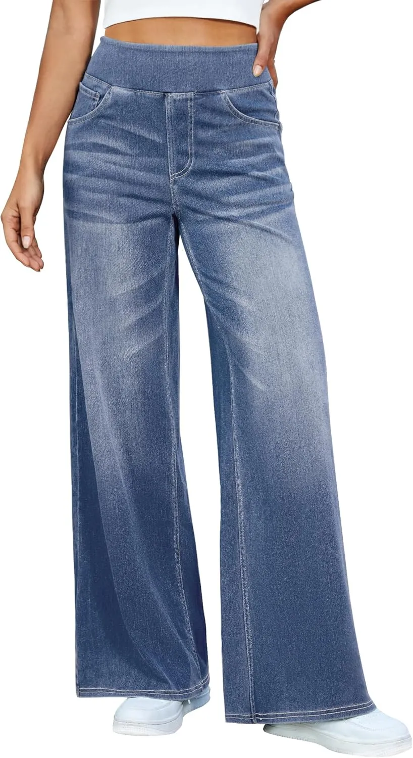 Women's Wide Leg Jeans High Waisted Stretchy Denim Pants Elastic Waist Pull On Sweatpant Jeans Trendy Baggy Loose