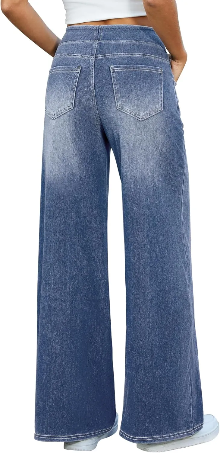 Women's Wide Leg Jeans High Waisted Stretchy Denim Pants Elastic Waist Pull On Sweatpant Jeans Trendy Baggy Loose