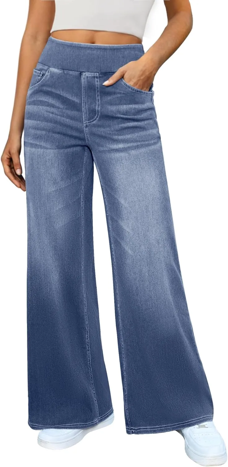 Women's Wide Leg Jeans High Waisted Stretchy Denim Pants Elastic Waist Pull On Sweatpant Jeans Trendy Baggy Loose
