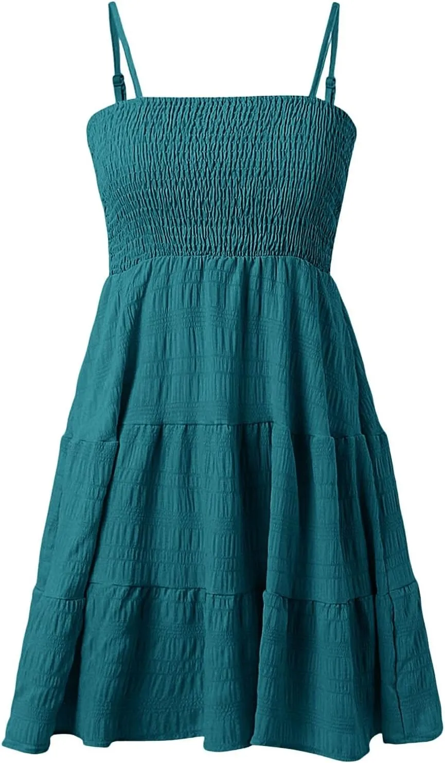 XOWRTE Women's Summer Mini Dress 2025 Casual Boho Sleeveless Spaghetti Strap Smocked Tiered Short Beach Sundresses