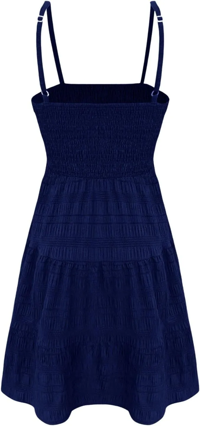 XOWRTE Women's Summer Mini Dress 2025 Casual Boho Sleeveless Spaghetti Strap Smocked Tiered Short Beach Sundresses
