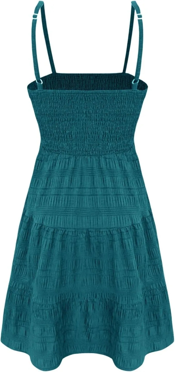 XOWRTE Women's Summer Mini Dress 2025 Casual Boho Sleeveless Spaghetti Strap Smocked Tiered Short Beach Sundresses