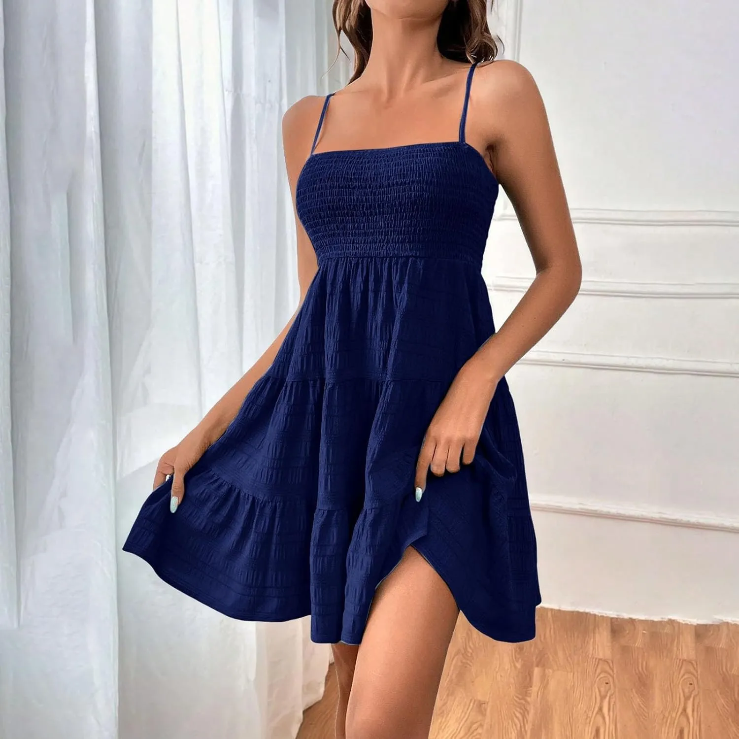 XOWRTE Women's Summer Mini Dress 2025 Casual Boho Sleeveless Spaghetti Strap Smocked Tiered Short Beach Sundresses