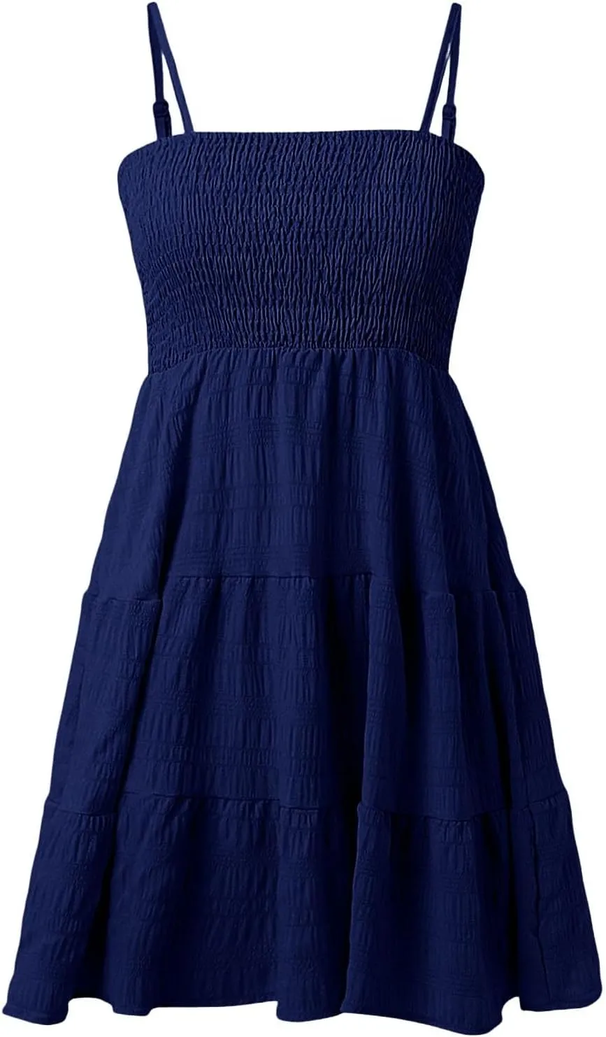 XOWRTE Women's Summer Mini Dress 2025 Casual Boho Sleeveless Spaghetti Strap Smocked Tiered Short Beach Sundresses