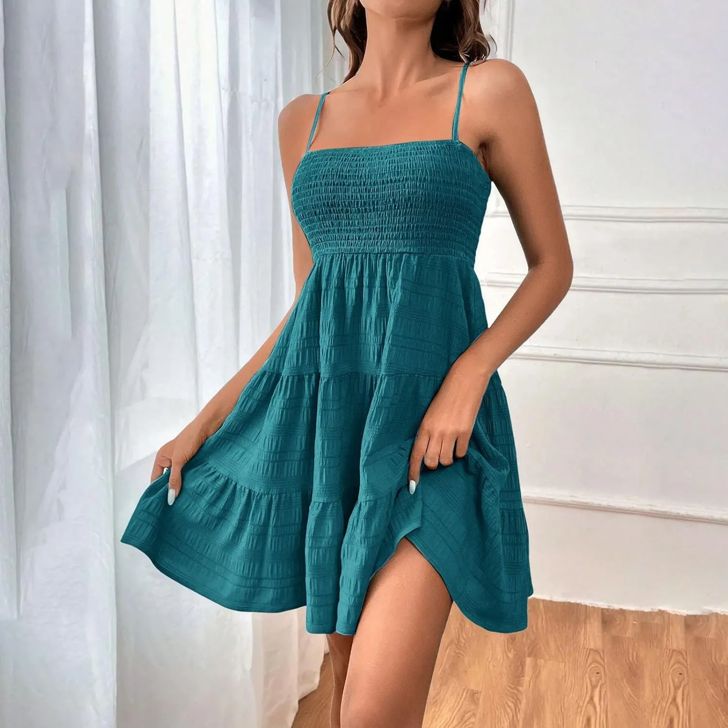 XOWRTE Women's Summer Mini Dress 2025 Casual Boho Sleeveless Spaghetti Strap Smocked Tiered Short Beach Sundresses